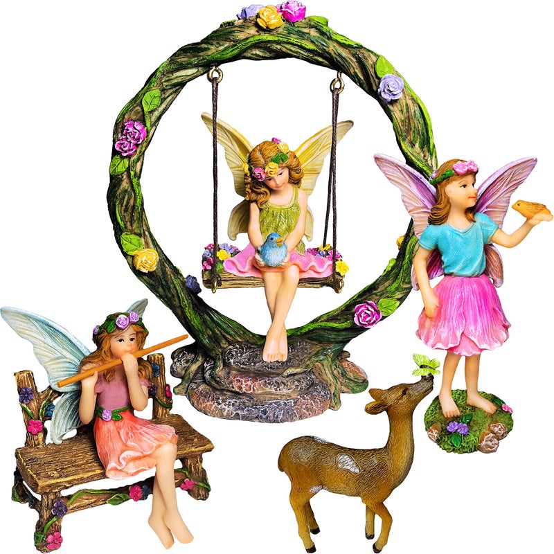 Mood Lab Fairy Garden Kit - Swing Set of 6 pcs Miniature Figurines & Accessories - Hand Painted for Outdoor or House Decor - Image 1